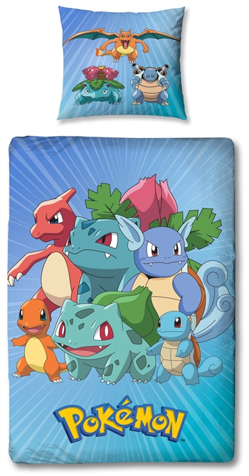 #1 - Pokemon Sengetøj - 150x210 cm - Charmander, Bulbasaur og Squirtle - Dynebetræk med 2 i 1 design - 100% bomuld
